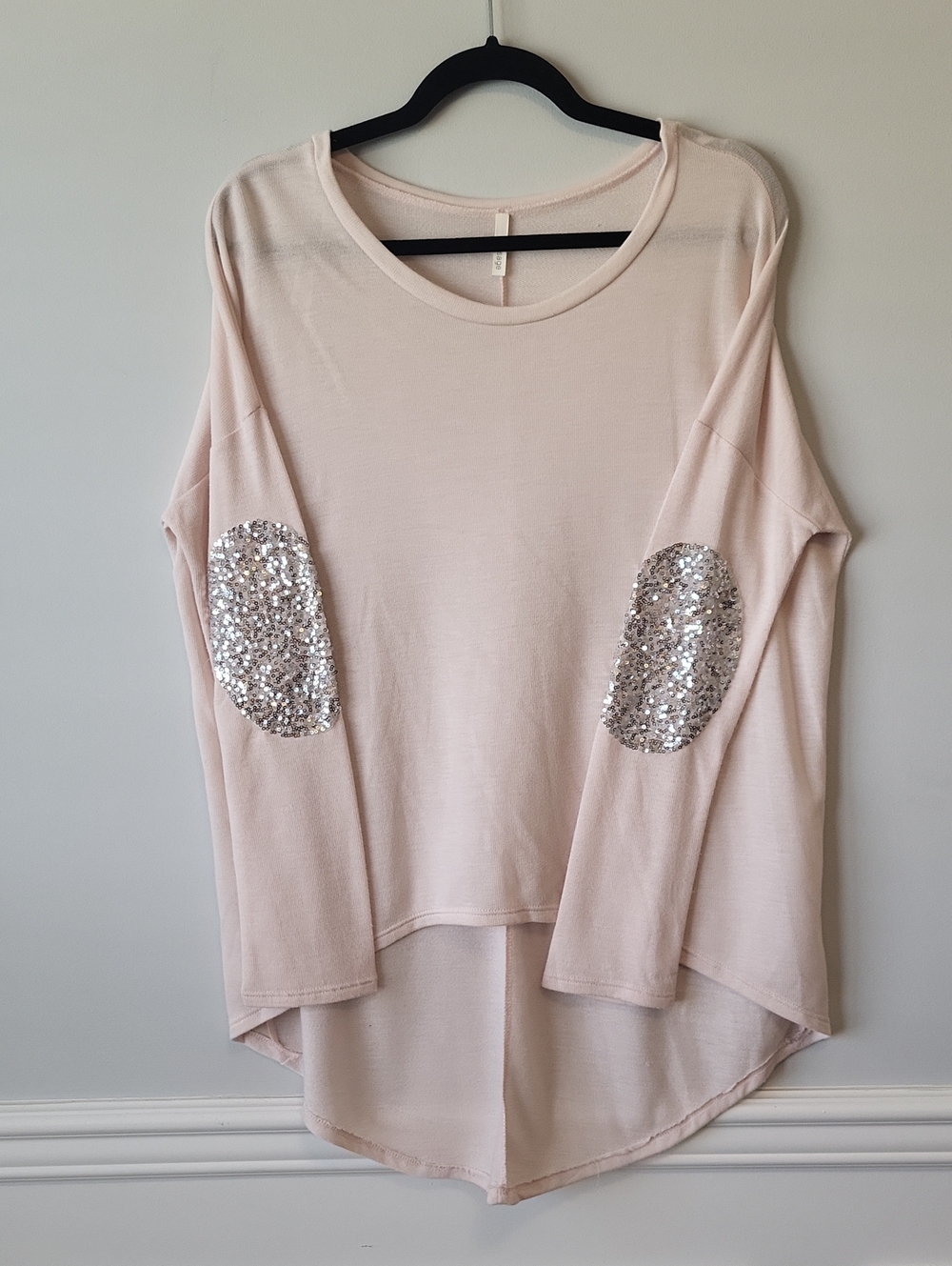 Sage Light Pink Sequin Elbow-Patch Long Sleeve Top